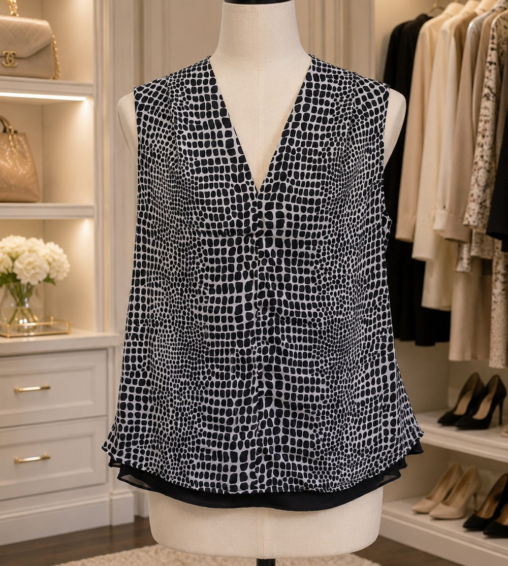 BOSS by Hugo Boss Polyester Chiffon V-Neck Sleeveless Black White Blouse XS